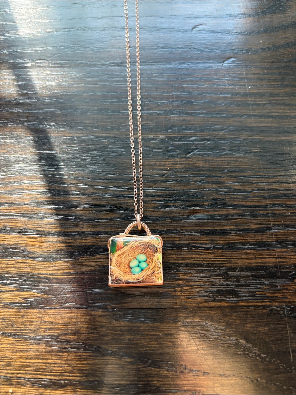 Scrabble Tile Robin’s Nest Pendant Necklace with Turquoise Eggs on Silver Chain